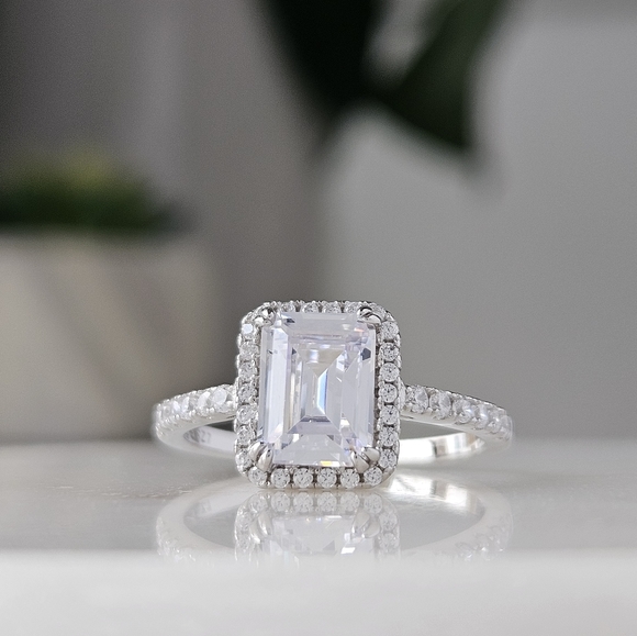 Emerald Cut Halo gemstone ring, 925 Sterling Silver - Picture 8 of 9